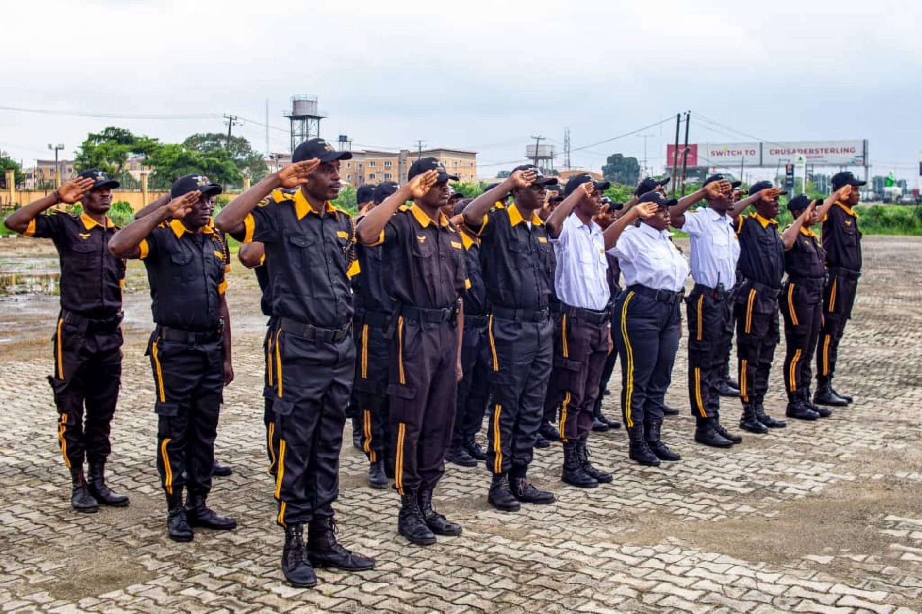 Security team saluting in coordinated uniforms